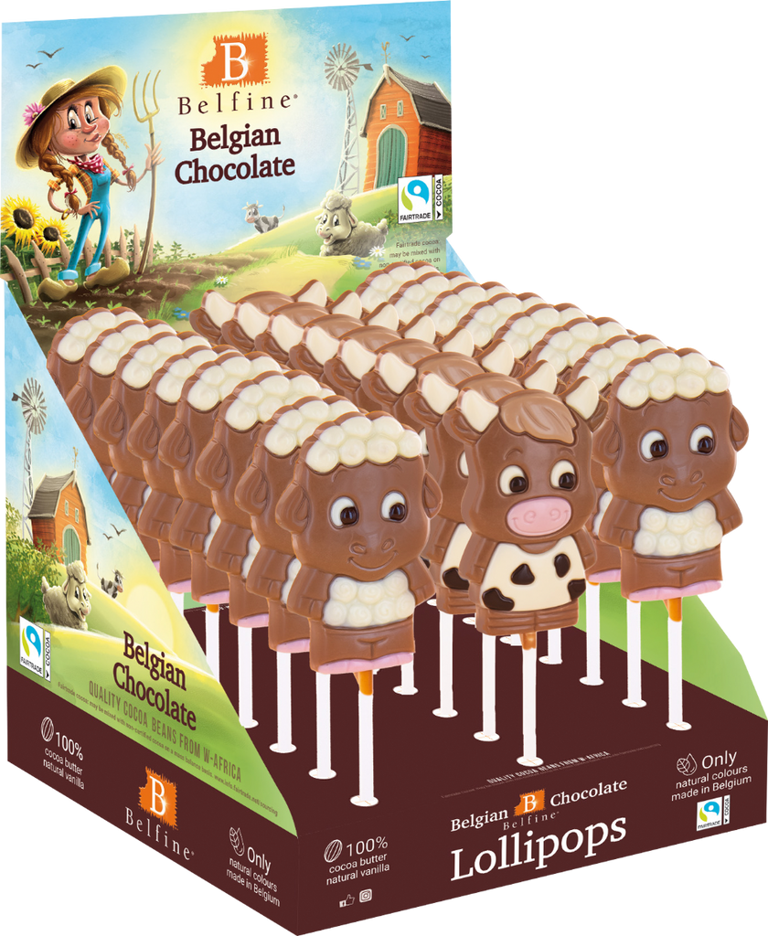 BELFINE Belgian Choc Farm Animal Lolly (Assorted Design) 25g (Pack of 24)