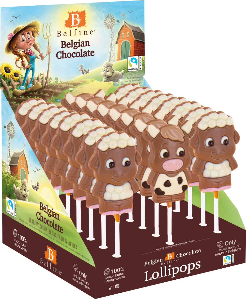 BELFINE Belgian Choc Farm Animal Lolly (Assorted Design) 25g (Pack of 24)