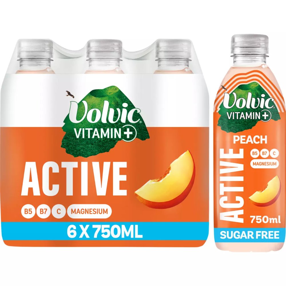 Volvic Vitamin + Peach Active - Vitamin Flavoured Water Sugar Free 750ml x 6