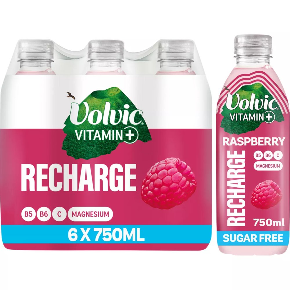 Volvic Vitamin + Raspberry Recharge- Vitamin Flavoured Water Sugar Free 750mlx6