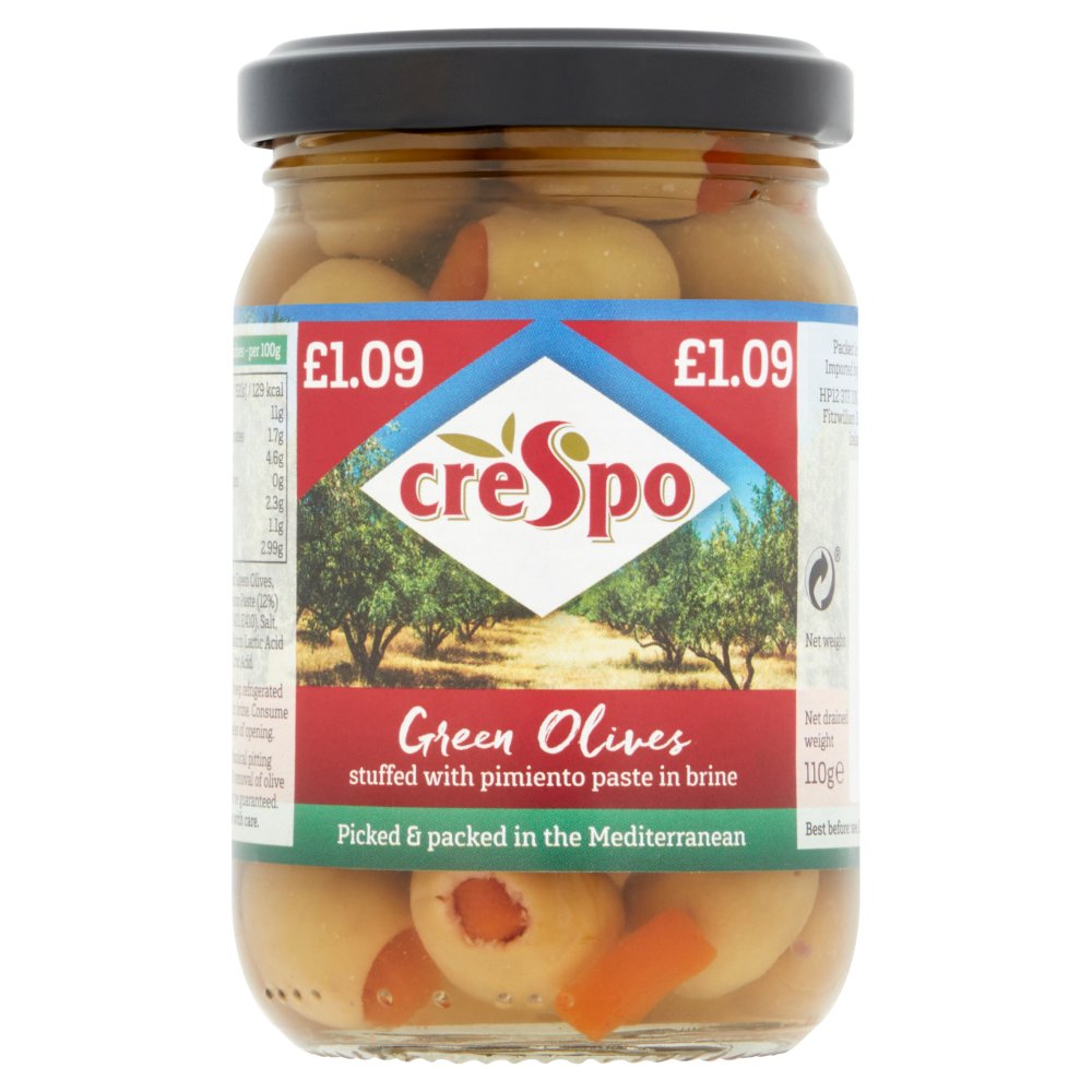 crespo Green Olives Stuffed with Pimiento Paste 198g (Pack of 6)