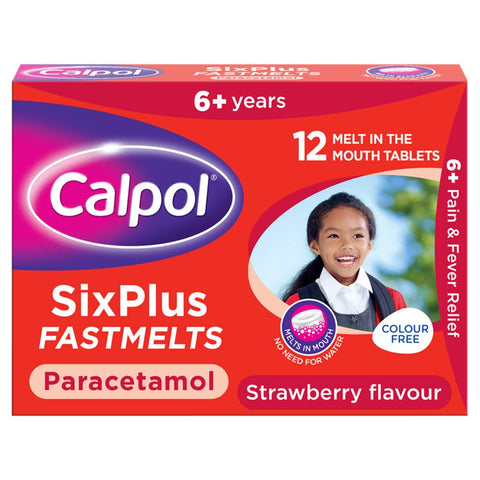 Calpol SixPlus Fastmelts Paracetamol Strawberry Flavour 6+ Years 12 Melt in the Mouth Tablets (Pack of 6)