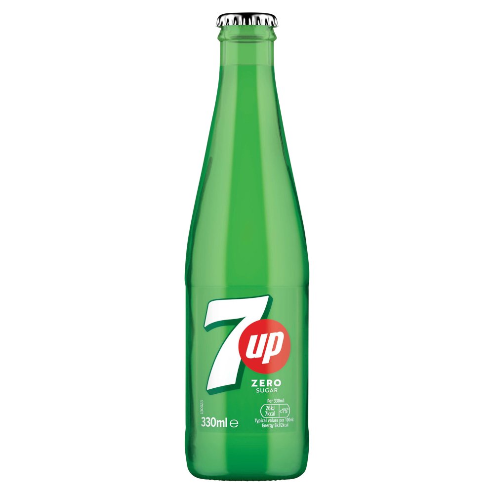 7UP Zero Sugar Free Lemon & Lime Glass Bottles 330ml (Pack of 24)