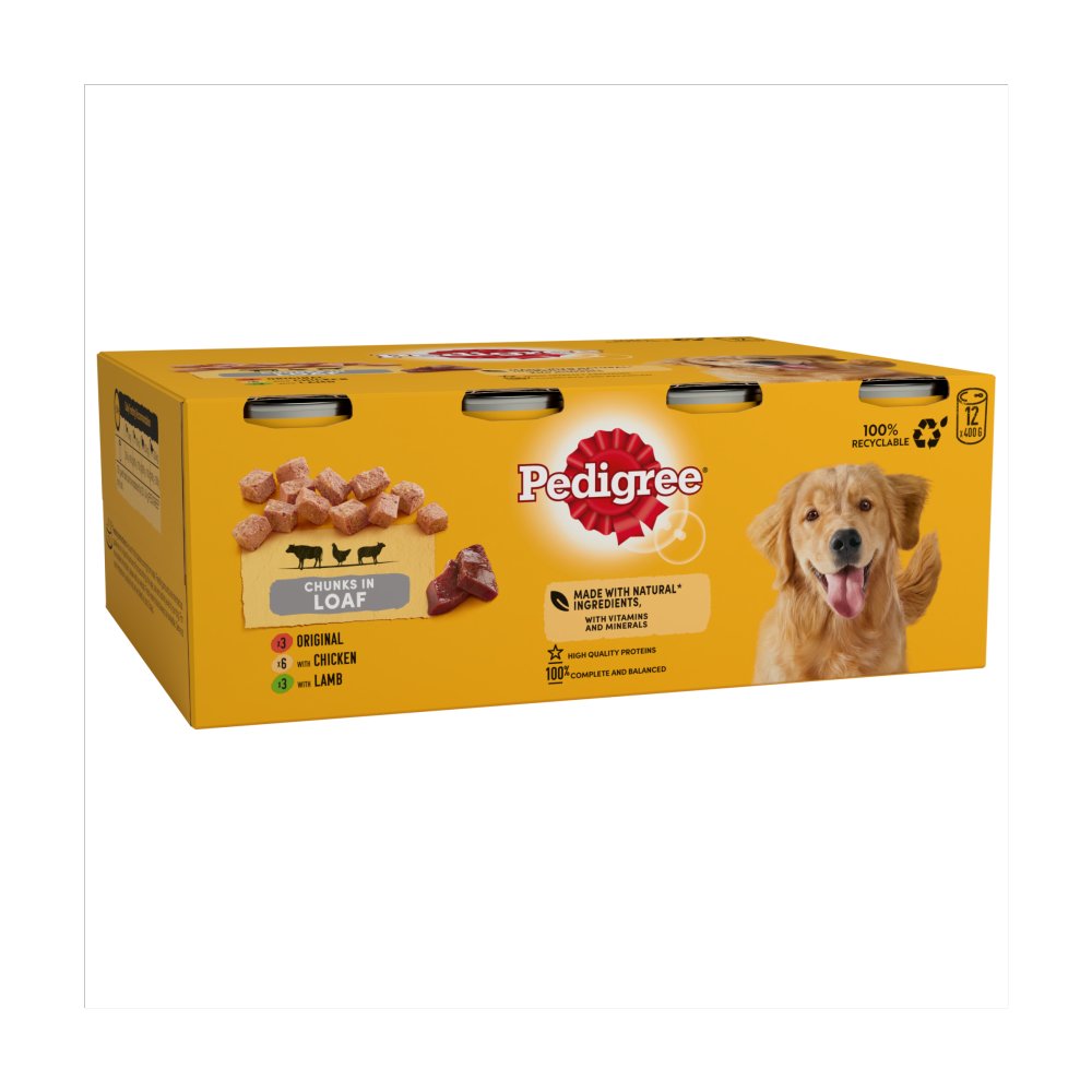 Pedigree Can Adult Dog Wet Chunks in Loaf Original, Chicken & Lamb 12 x 400g (Pack of 1)
