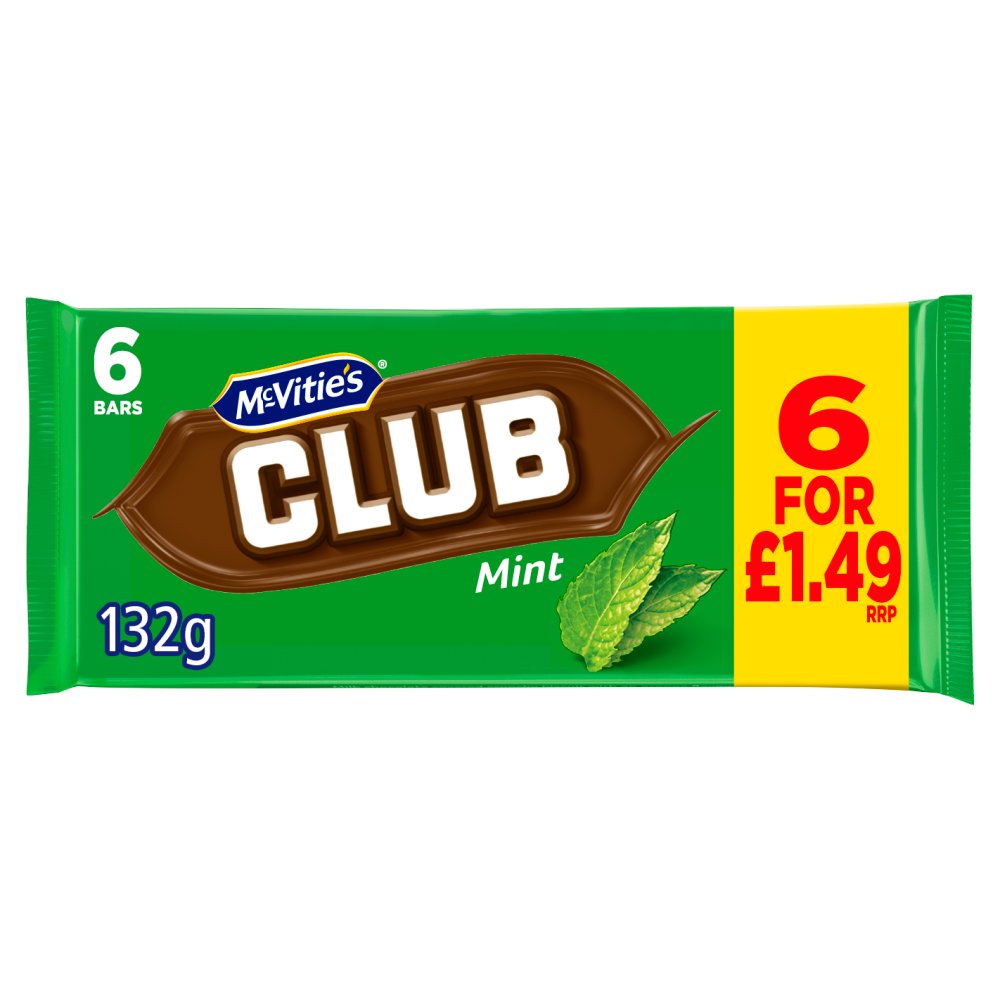 McVitie's Club Mint Chocolate Biscuit 6 Bars 22g (Pack of 12)