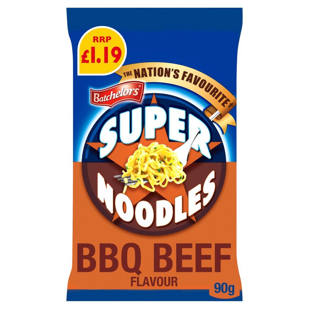 Batchelors Super Noodles BBQ Beef Flavour Instant Noodle Block 90g (Pack of 8)