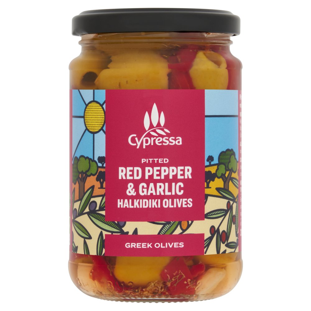 Cypressa Pitted Red Pepper & Garlic Halkidiki Olives 315g (Pack of 6)