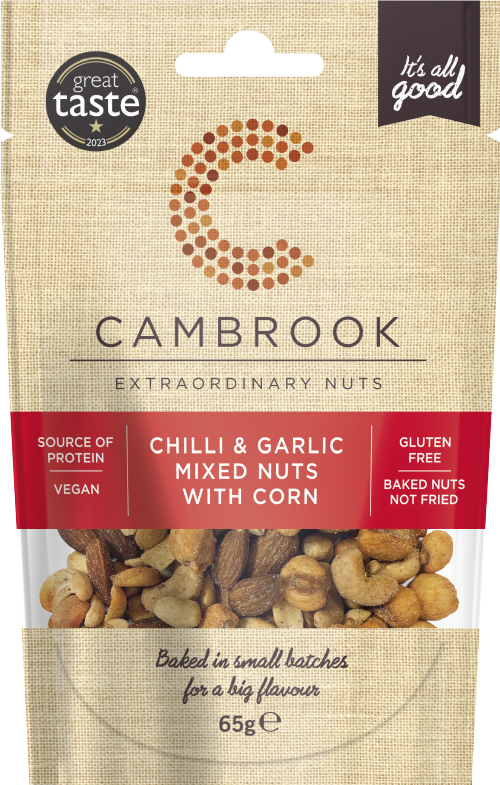 CAMBROOK Chilli & Garlic Mixed Nuts with Corn 65g (Pack of 12)