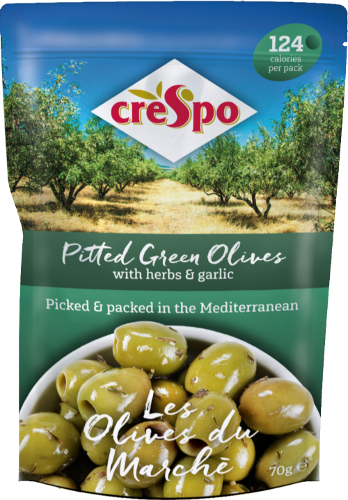 CRESPO Pitted Green Olives with Herbs & Garlic 70g (Pack of 8)