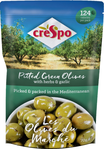 CRESPO Pitted Green Olives with Herbs & Garlic 70g (Pack of 8)