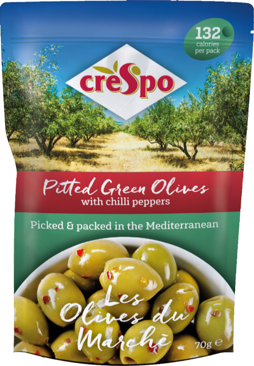 CRESPO Pitted Green Olives with Chilli Peppers 70g (Pack of 8)