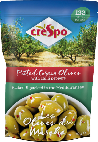 CRESPO Pitted Green Olives with Chilli Peppers 70g (Pack of 8)