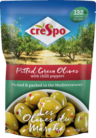 CRESPO Pitted Green Olives with Chilli Peppers 70g (Pack of 8)