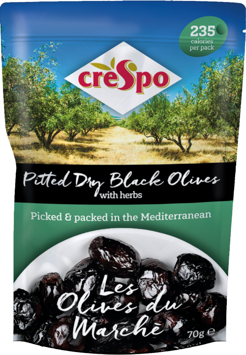 CRESPO Pitted Dry Black Olives with Herbs 70g (Pack of 8)