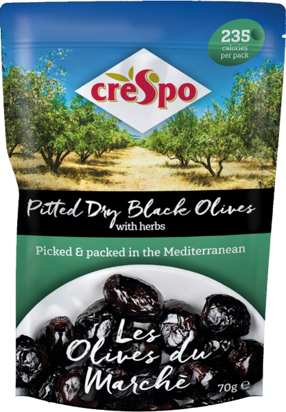 CRESPO Pitted Dry Black Olives with Herbs 70g (Pack of 8)