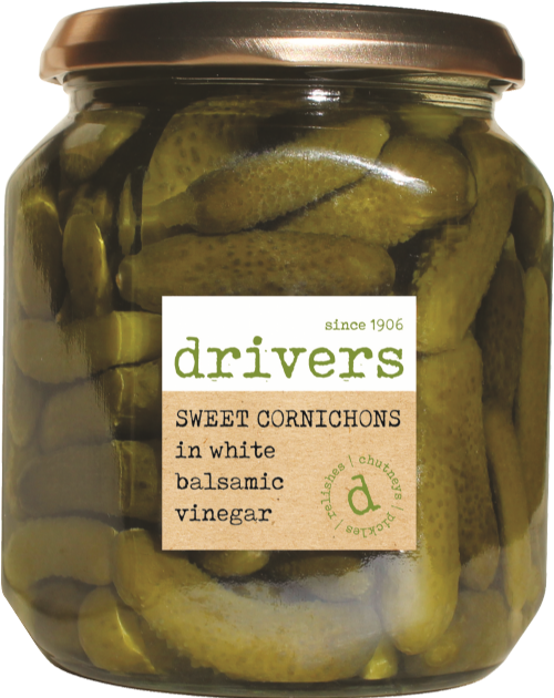 DRIVER'S Sweet Cornichons in White Balsamic Vinegar 550g (Pack of 6)