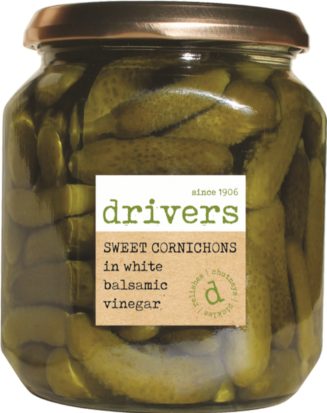 DRIVER'S Sweet Cornichons in White Balsamic Vinegar 550g (Pack of 6)