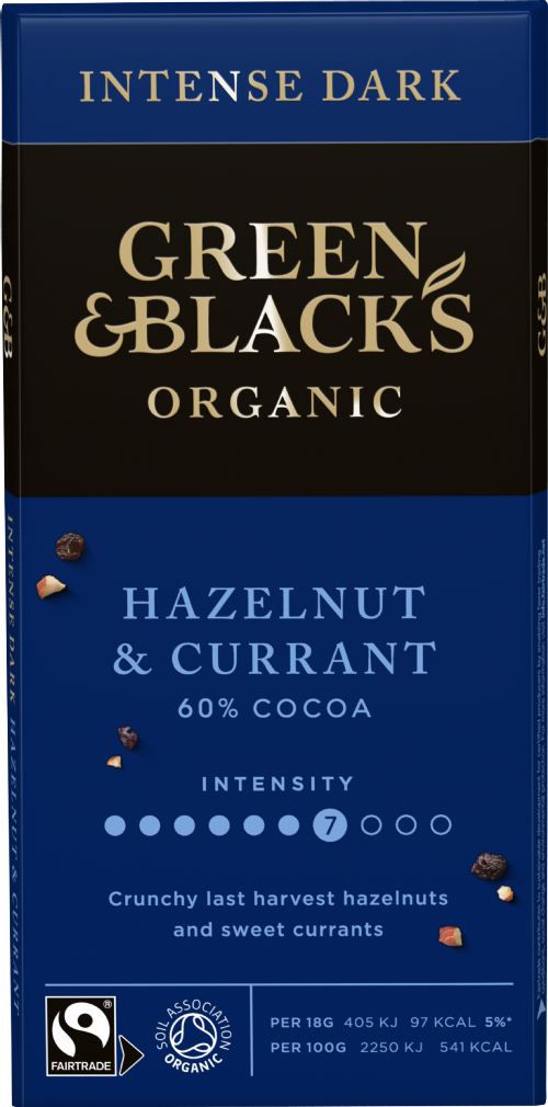 GREEN & BLACK'S Organic Hazelnut & Currant Dark Choc Bar 90g (Pack of 15)