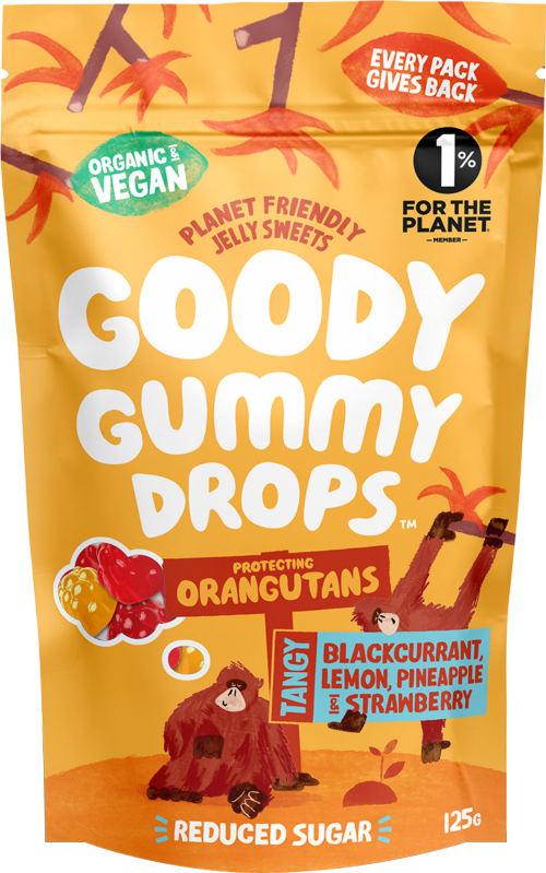 GOODY GUMMY DROPS Orangutans -B/C,Lemon,P/Apple & Straw 125g (Pack of 8)