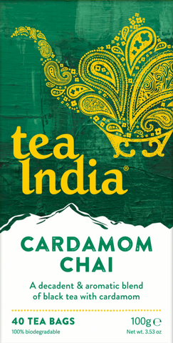 TEA INDIA Cardamom Chai 40 Teabags 100g (Pack of 4)