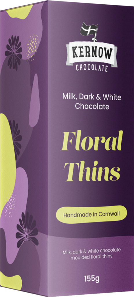 KERNOW Milk, Dark & White Chocolate Floral Thins 155g (Pack of 12)