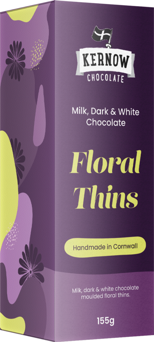 KERNOW Milk, Dark & White Chocolate Floral Thins 155g (Pack of 12)