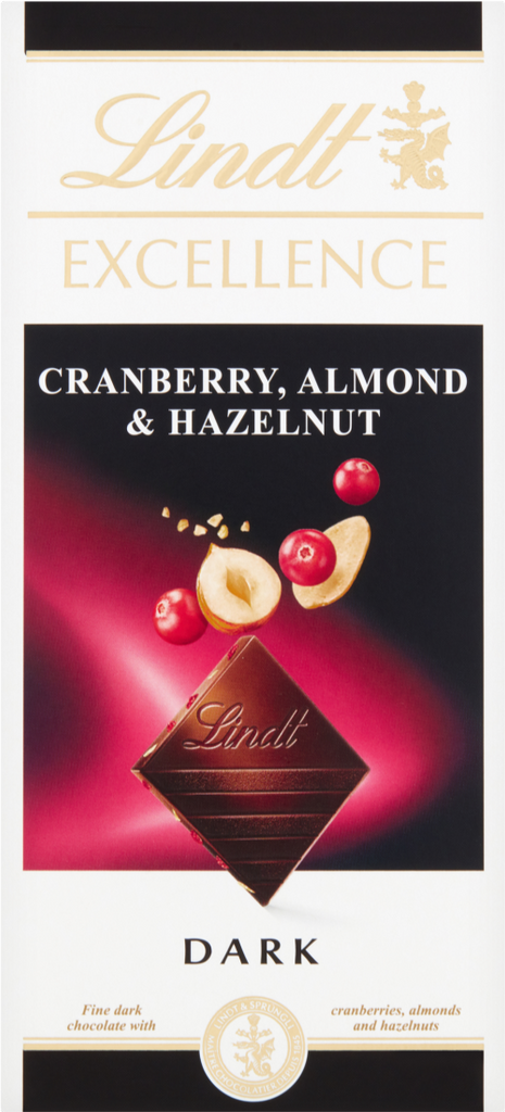 LINDT Excellence Dark Cranberry, Almond & Hazelnut Bar 100g (Pack of 20)