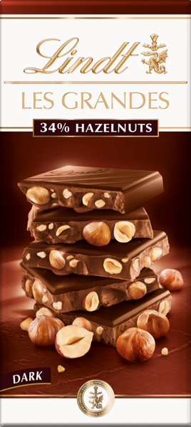 LINDT Les Grandes Dark Chocolate 34% Hazelnuts Bar 150g (Pack of 13)