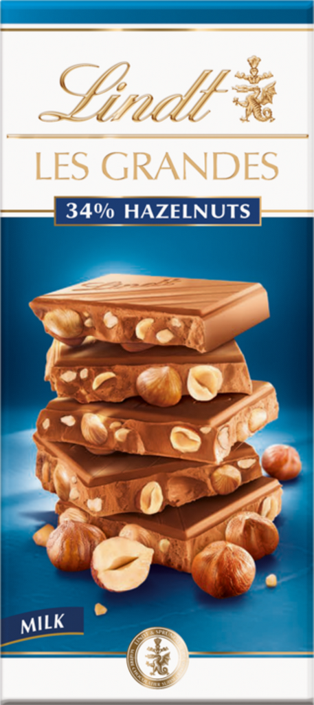 LINDT Les Grandes Milk Chocolate 34% Hazelnuts Bar 150g (Pack of 13)