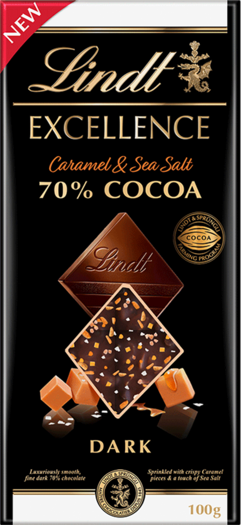 LINDT Excellence Dark 70% Cocoa Caramel & Sea Salt Bar 100g (Pack of 20)