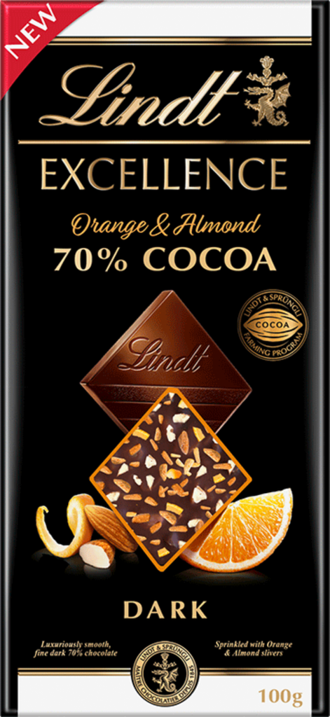 LINDT Excellence Dark 70% Cocoa Orange & Almond Bar 100g (Pack of 20)