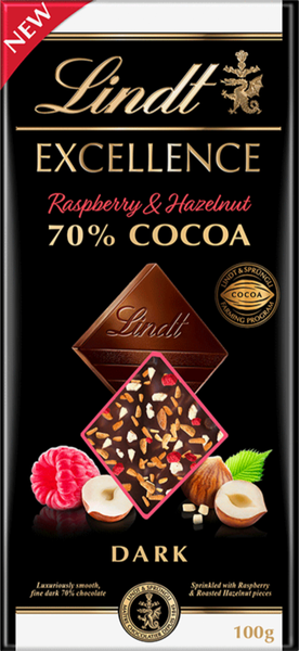 LINDT Excellence 70% Cocoa Raspberry & Hazelnut Bar 100g (Pack of 20)