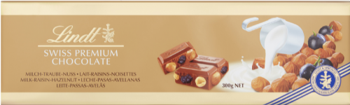 LINDT Milk, Raisin & Hazelnut Gold Bar 300g (Pack of 10)