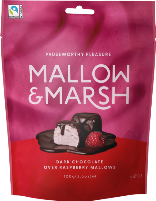 MALLOW & MARSH Raspberry Marshmallows / Dark Choc - Bag 100g (Pack of 6)