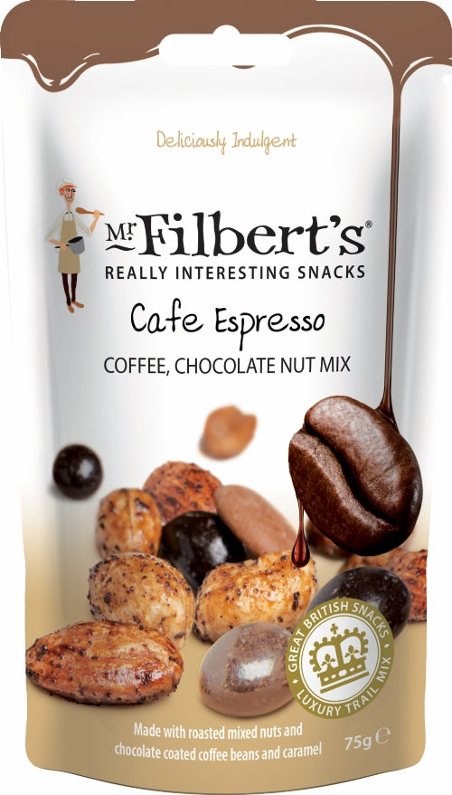 MR FILBERT'S Cafe Espresso Coffee, Chocolate Nut Mix 75g (Pack of 15)