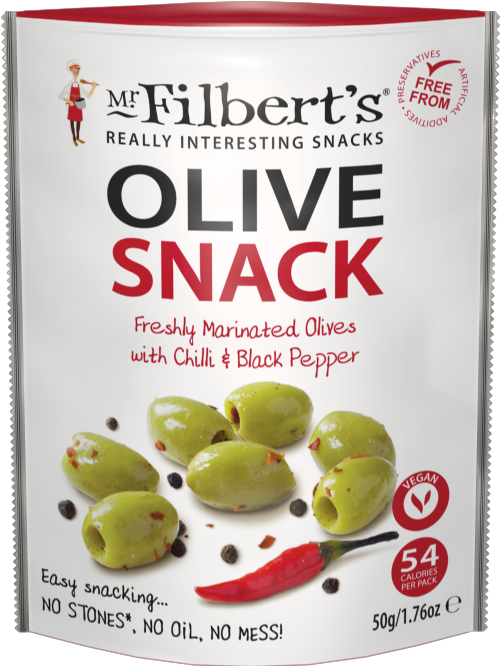 MR FILBERT'S Marinated Green Olives/Chilli & Blk Pepper 50g (Pack of 12)