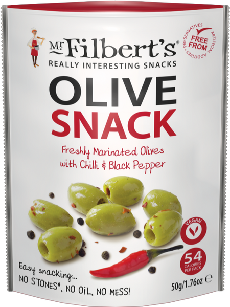 MR FILBERT'S Marinated Green Olives/Chilli & Blk Pepper 50g (Pack of 12)