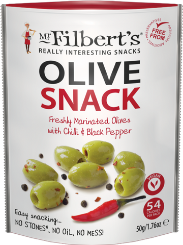 MR FILBERT'S Marinated Green Olives/Chilli & Blk Pepper 50g (Pack of 12)