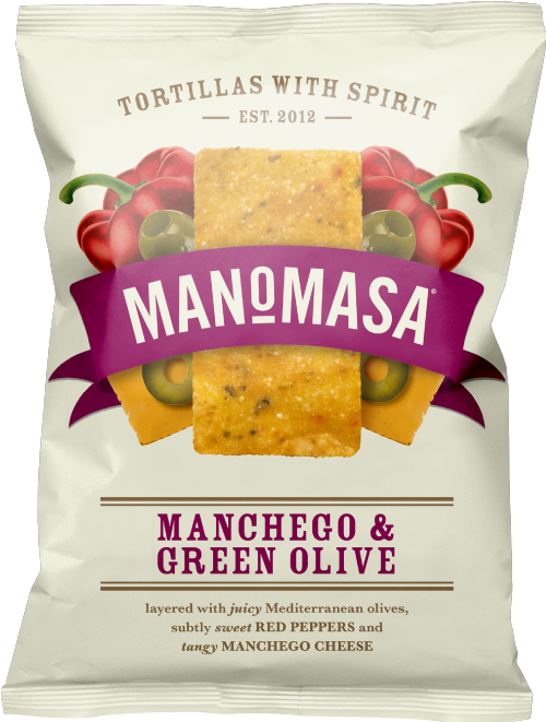 MANOMASA Manchego & Green Olive Corn Chips 140g (Pack of 12)