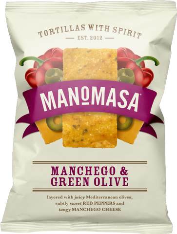 MANOMASA Manchego & Green Olive Corn Chips 140g (Pack of 12)