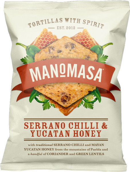 MANOMASA Serrano Chilli & Yucatan Honey Corn Chips 140g (Pack of 12)