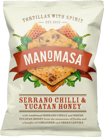 MANOMASA Serrano Chilli & Yucatan Honey Corn Chips 140g (Pack of 12)