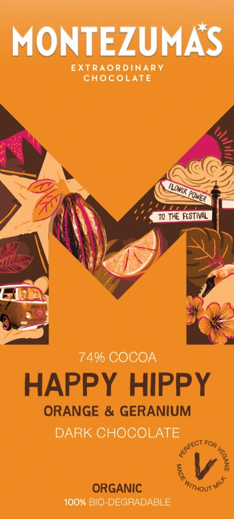 MONTEZUMA'S Happy Hippy Orange & Geranium Dark Choc Bar 90g (Pack of 12)