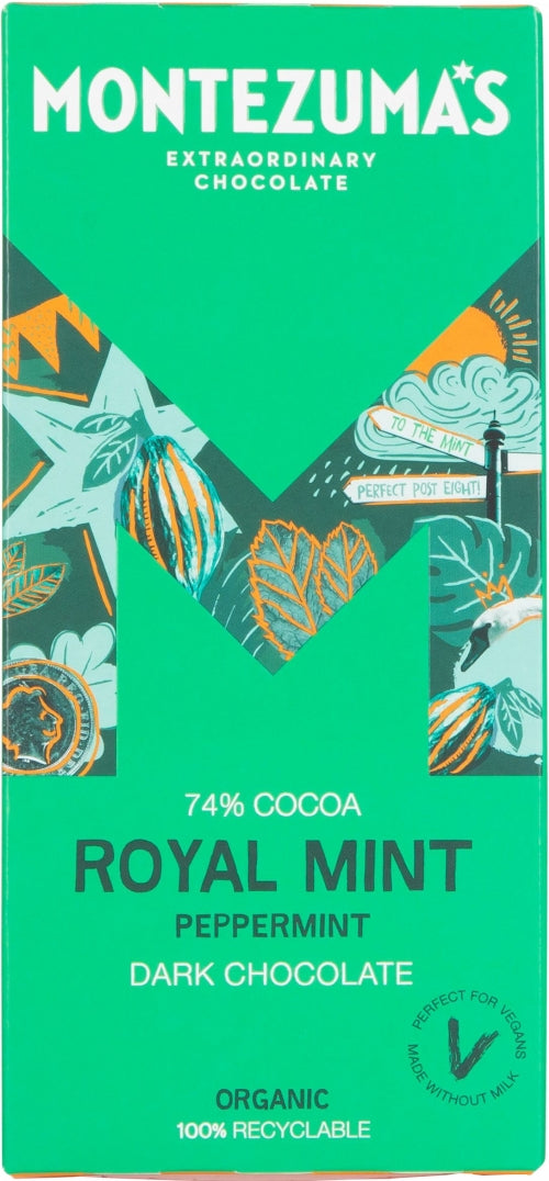 MONTEZUMA'S Royal Mint -Organic Peppermint Dark Choc Bar 90g (Pack of 12)