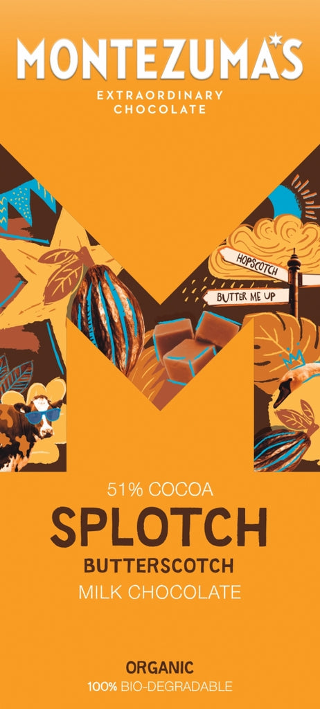 MONTEZUMA'S Splotch - Organic Butterscotch Milk Choc 90g (Pack of 12)