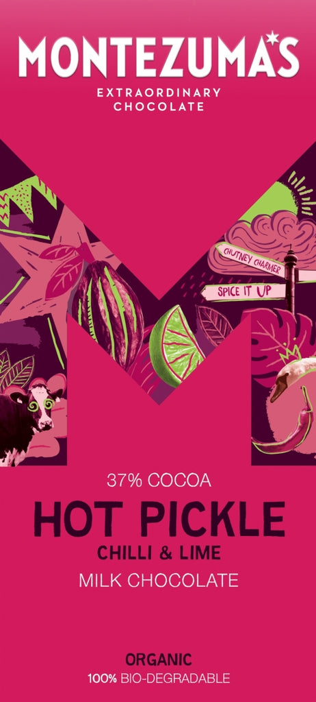 MONTEZUMA'S Hot Pickle Organic Chilli Lime Milk Choc Bar 90g (Pack of 12)