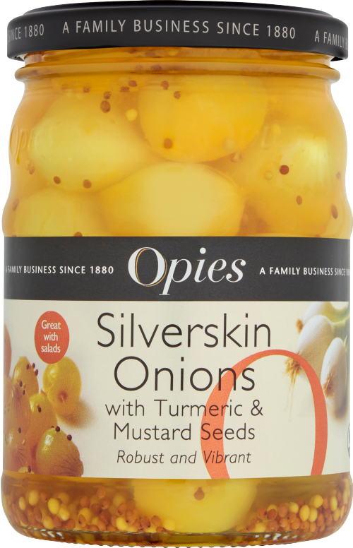 OPIES Silverskin Onions with Turmeric & Mustard Seeds 370g (Pack of 6)