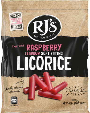 RJ'S Raspberry Soft Eating Licorice - Bag 300g (Pack of 12)