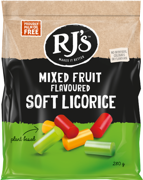 RJ'S Mixed Fruit Flavoured Soft Licorice - Bag 280g (Pack of 12)