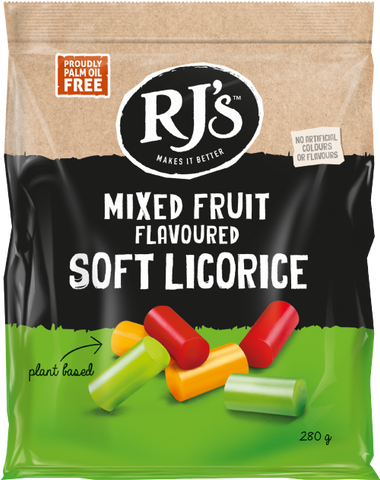 RJ'S Mixed Fruit Flavoured Soft Licorice - Bag 280g (Pack of 12)